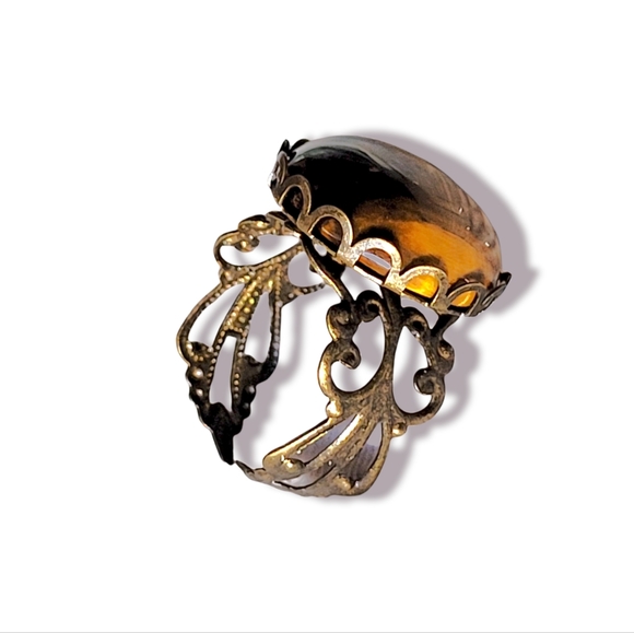 Genuine Tiger's Eye Semi Precious Natural Stone French Copper Filigree Ring 8 - Picture 5 of 8